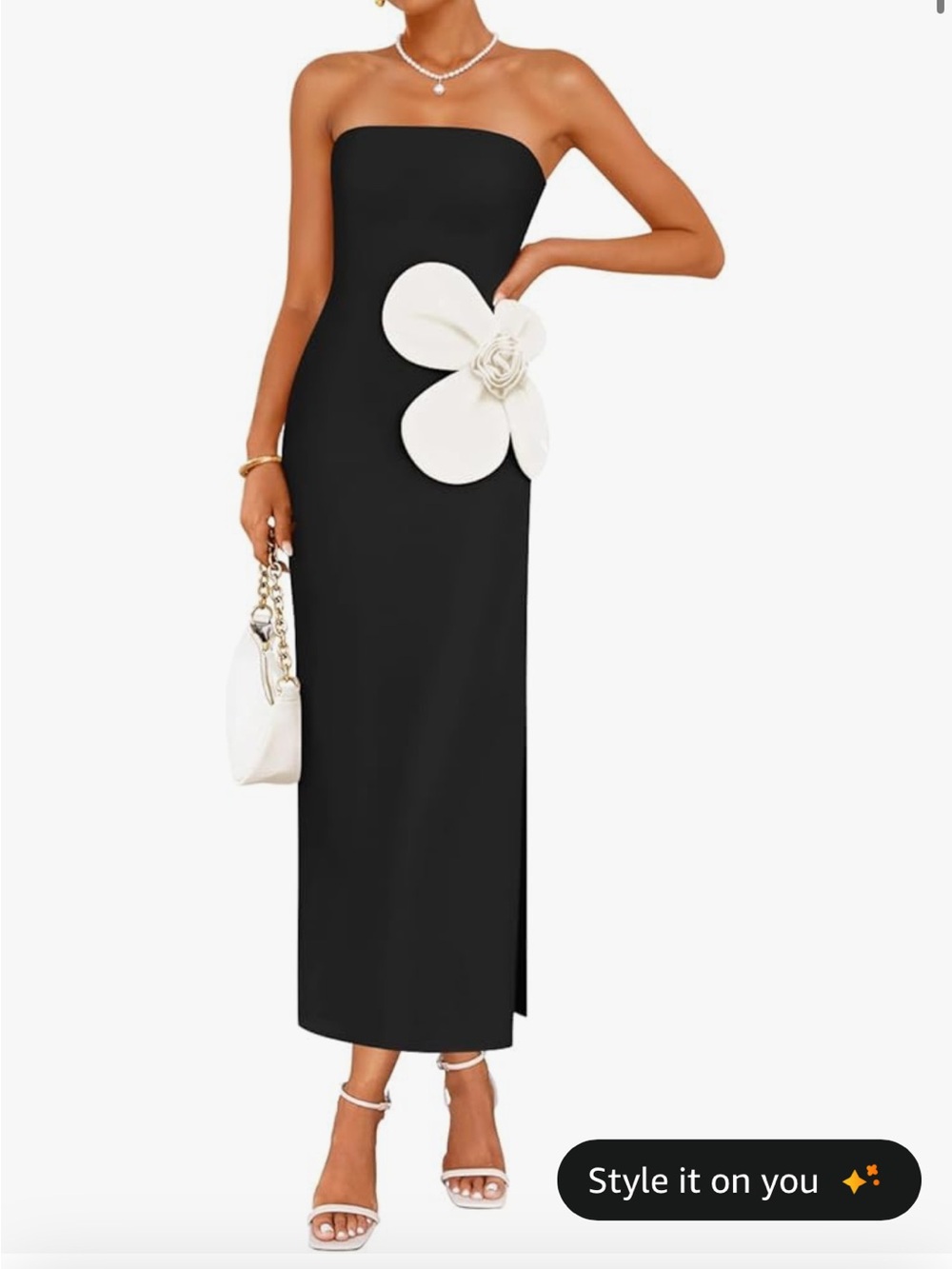 Zesica Strapless Black Maxi Dress with White Floral Detail
